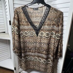 Maggie Barnes Sheer Tunic Lace V-Neck‎ Brown Geometric Floral Women's *1X-read